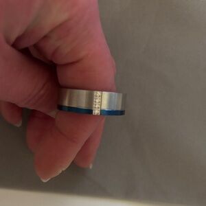 Stainless Steel Silver and Blue Enamel Ring with Crystal Accents